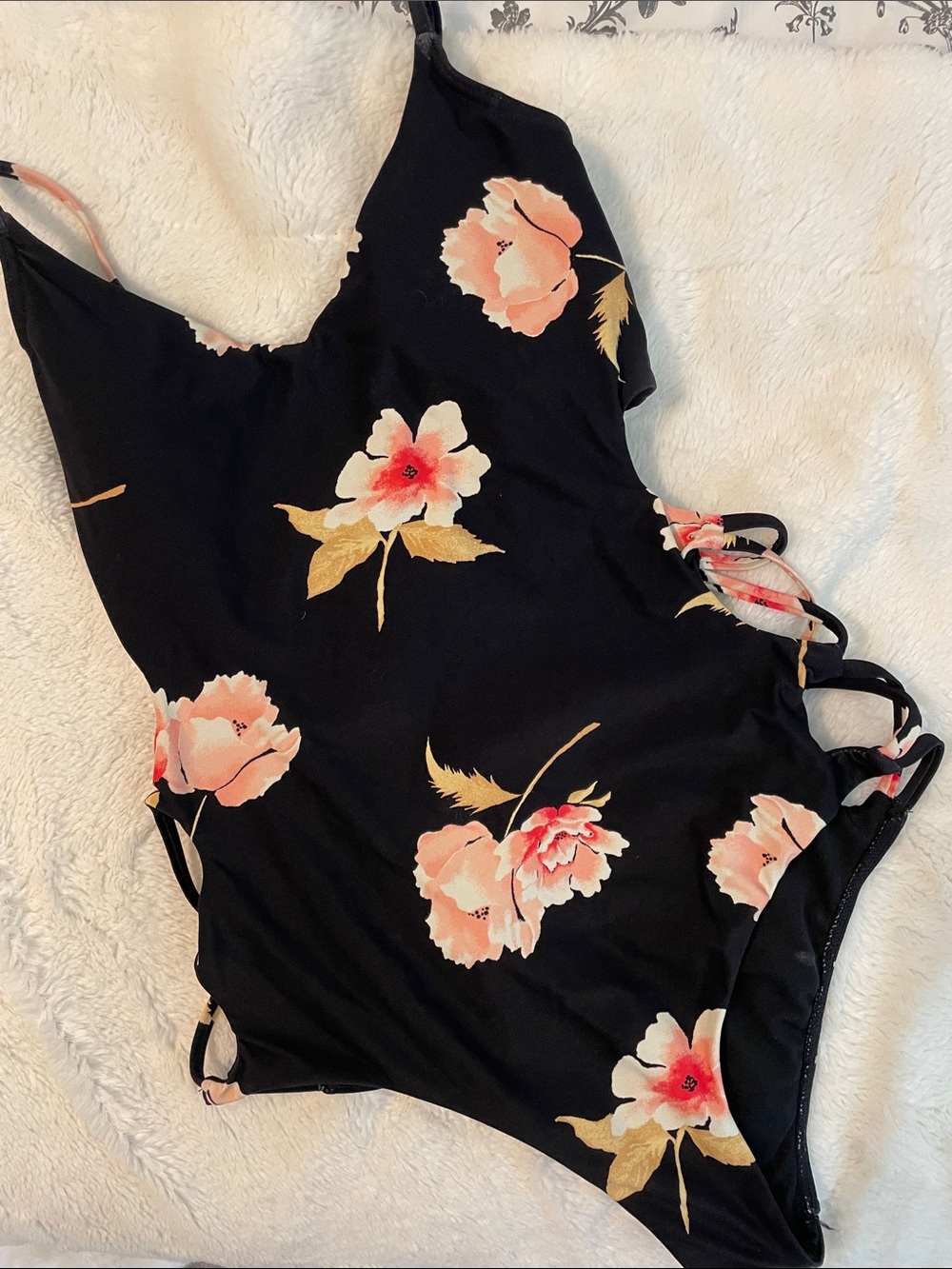 Billabong Black Floral One-Piece Swimsuit with Pink Blooms.